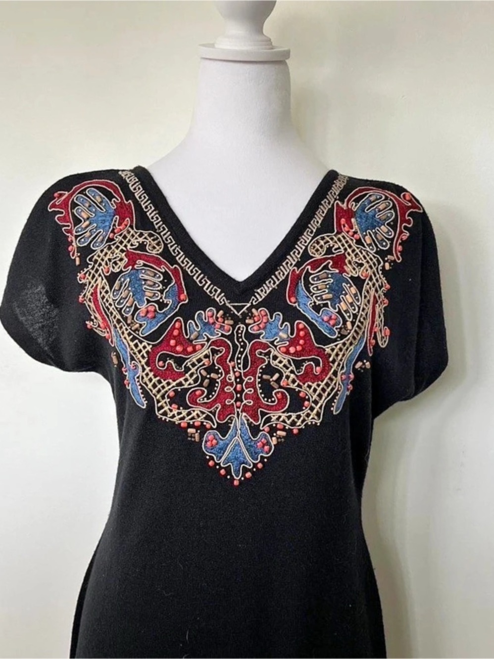 CAROLE LITTLE Black Embroidered V-Neck Dress Size Large